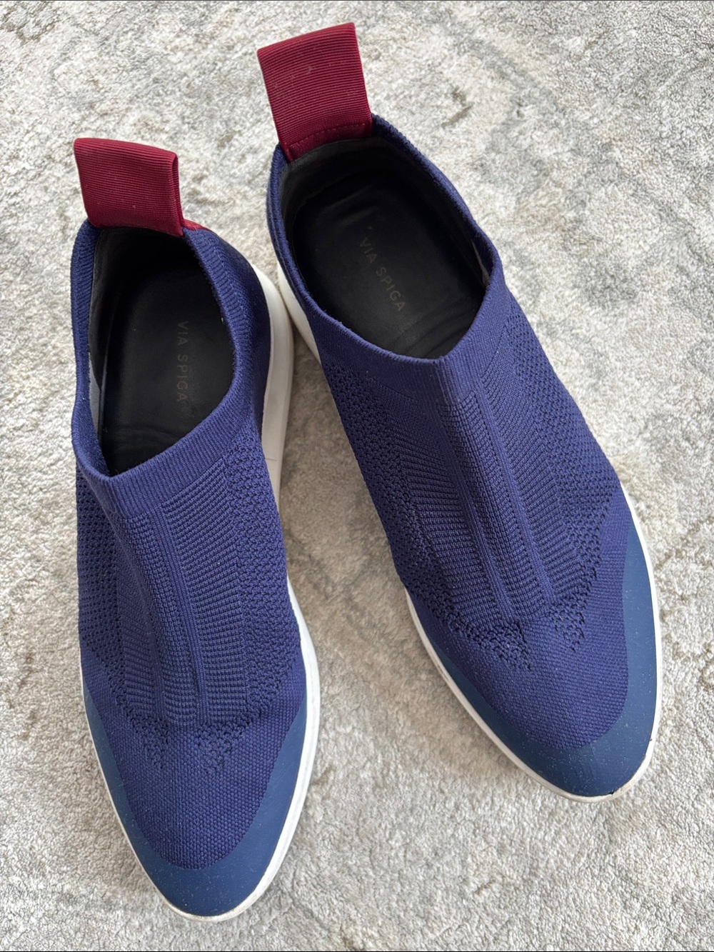 Via Spiga Slip-On Knit Sneakers in Navy with Maroon Pull Tab